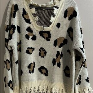 Leopard Print Distressed Sweater
